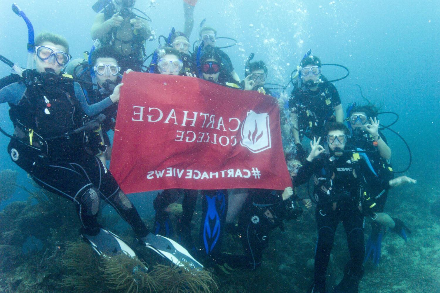 学生们手持<a href='http://h4bi.technestng.com'>bv伟德ios下载</a>旗帜，在j学期洪都拉斯游学之旅中潜水.